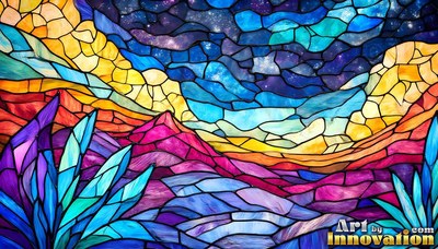 Tinted glass hills and blue plants under a starry night sky