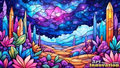 Tall crystal spires stand beside pink flowers across a stained glass alien landscape