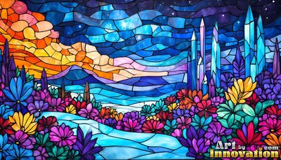 Tall glass crystals rise beside a stream of bright blue water under a sunset sky