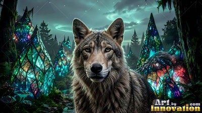 Facing forward, a gray wolf sits by stained-glass plants in a dark forest