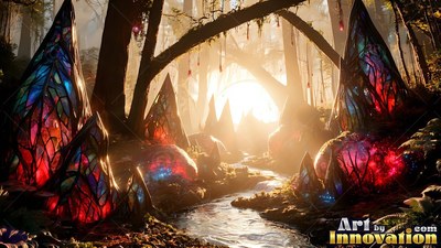 Red and blue colored glass crystals sit beside a stream in a sunny forest
