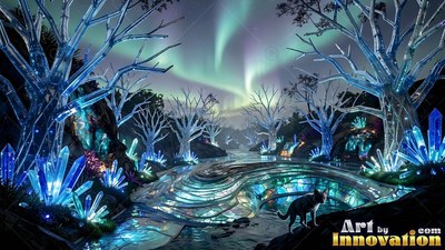 Bes ide a glass river under green northern lights, a wolf walks past blue crystal trees