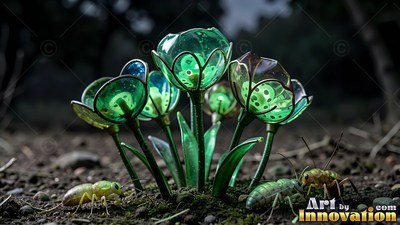 Sprouting from dark soil, green glass flowers rise above small insects at dusk