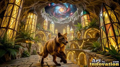 A brown fox walks on a stone path near yellow glass towers under a galaxy