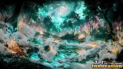 Twisting roots stretch through white ground mist across an alien forest under a turquoise spiral sky