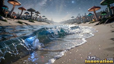A blue wave curls onto a sandy riverbank lined with giant mushrooms under starlight