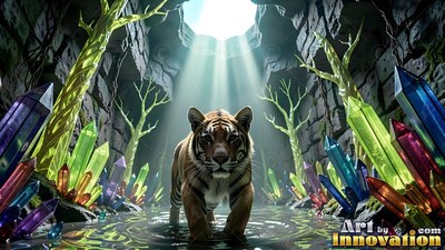 Facing forward, a tiger wades through water inside a cave with colorful crystals