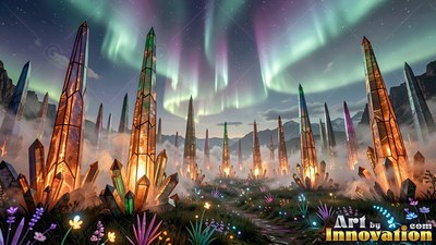 Bright crystal spires rise from a foggy field under green northern lights