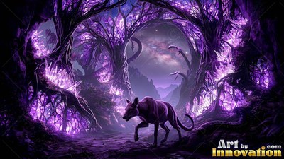 In a bright purple crystal forest, a four-legged beast walks down a dirt path