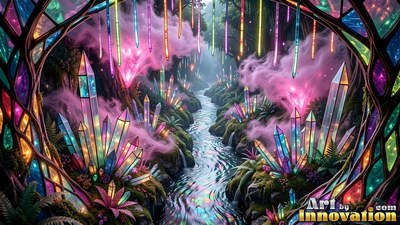 Flowing through tall crystals and pink mist, a stream cuts through a glass frame