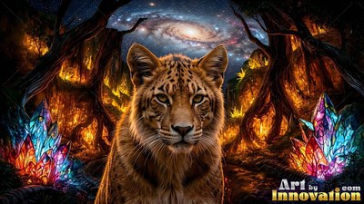 A leopard sitting between colored glass crystals under a galaxy sky