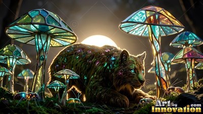 Bright blue eyes shine from a wild cat crouching near blue tinted colored glass mushrooms under moonlight