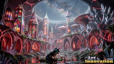 A small cat sits near a pool before tinted glass towers under a starry sky night