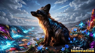 Sitting in profile on a rocky shore, a brown fox rests near blue flowers