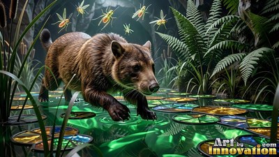 A brown furry creature walks across a green pond filled with stained glass lily pads