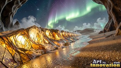On a desert beach under green aurora light, tinted glass waves break on the sand