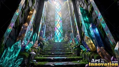 Rising past blue crystals and moss, stone stairs lead to a bright window