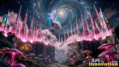 Stained glass spires rise above purple mushrooms under a swirling sky