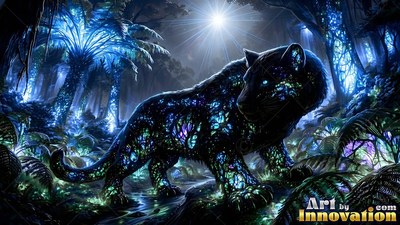 Blue glass patterns cover a black panther standing in a dark jungle under a bright star