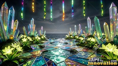 Tall glass crystals stand by a tiled water path under colorful hanging streamers