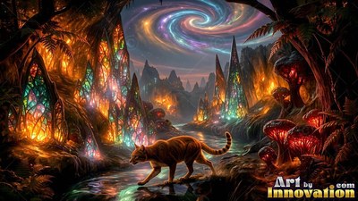 Walking across a shallow stream, a striped wildcat roams a forest of bright crystal spires