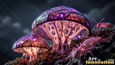 Pink ants walk near purple glass mushrooms lit up from inside at night