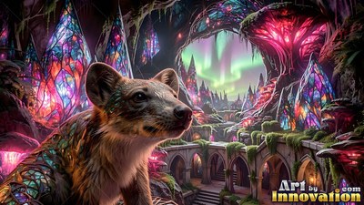 In a ruined stone courtyard under green northern lights, a small brown mammal sits