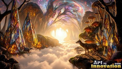 Standing on a cliff above clouds, a wolf looks toward bright stained glass trees