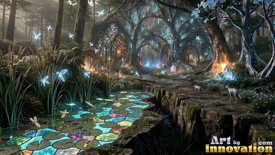 A forest path beside a stream of bright mosaic lily pads