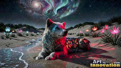 Bright mosaic patches on its fur, a wolf rests on a sandy beach under an aurora sky