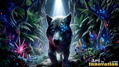 A wolf walks forward along a forest path under a bright white beam of light