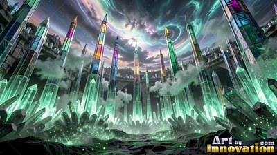 Standing upright across a rocky basin, colorful glass spires reach up under green auroras