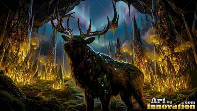 A dark elk stands surrounded by bright yellow crystals under the northern lights