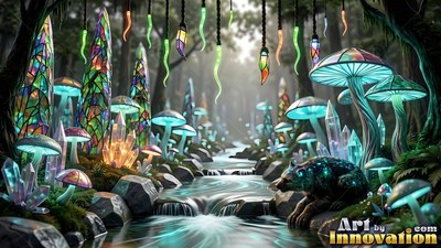 In a dark forest by a stream, a spotted bear sits near tinted glass mushrooms