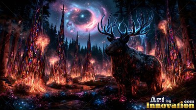 Standing in a dark forest, a horned deer looks out beside bright glass trees