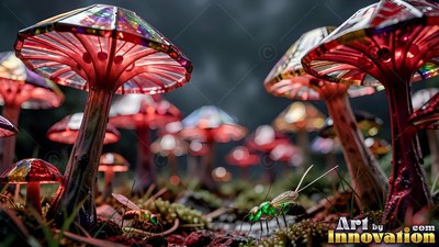 Red glass mushrooms stand over tiny green bugs on dark moss