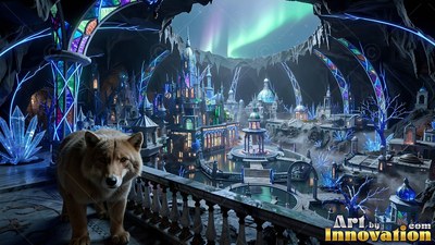 Thick tan fur covers a wolf standing on a balcony over a cavern city under green auroras
