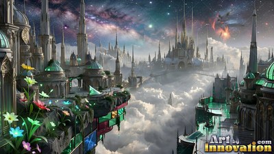 A floating city of spires rises above thick white clouds under a starry purple sky