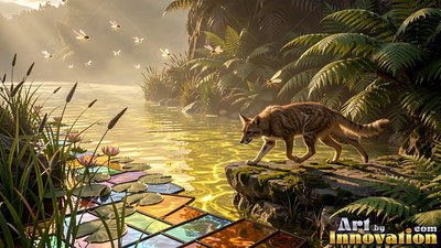 Prowling along a mossy rock, a striped fox walks past sunny river water with colored glass
