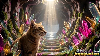 A tabby cat sits in a mossy cave beside bright pink crystals under a beam of sunlight