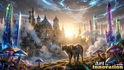 On a grassy hill near tall purple crystals, two foxes stand before a castle at sunrise