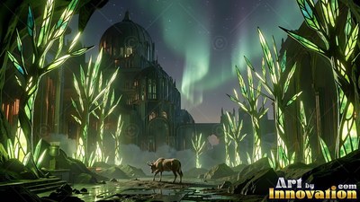Walking past glass trees, a deer crosses stone ruins under green northern lights