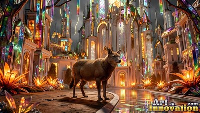 A wolf stands on a path by a palace of stained glass crystals