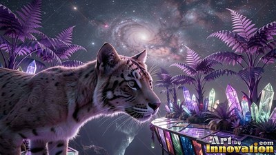 Spotted fur covers a cat walking past purple palms and crystals beneath a starry sky