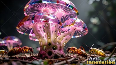 Large ants crawl past translucent pink colored glass mushrooms that shine from within