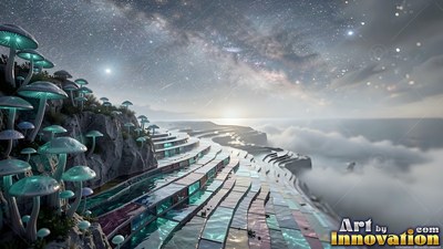 Angled along a rocky cliff, glass terraces step down past pale mushrooms
