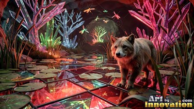 A brown wolf stands on a colored glass pond beside pink crystal trees