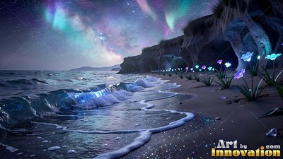 On a dark beach under purple auroras, blue flowers grow along rolling waves