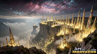 Rising from high cliffs, stained glass spires shine under a starry purple sky
