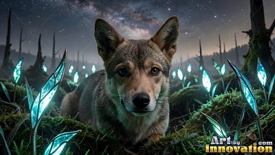 A wolf resting in moss beside blue crystal leaves under stars
